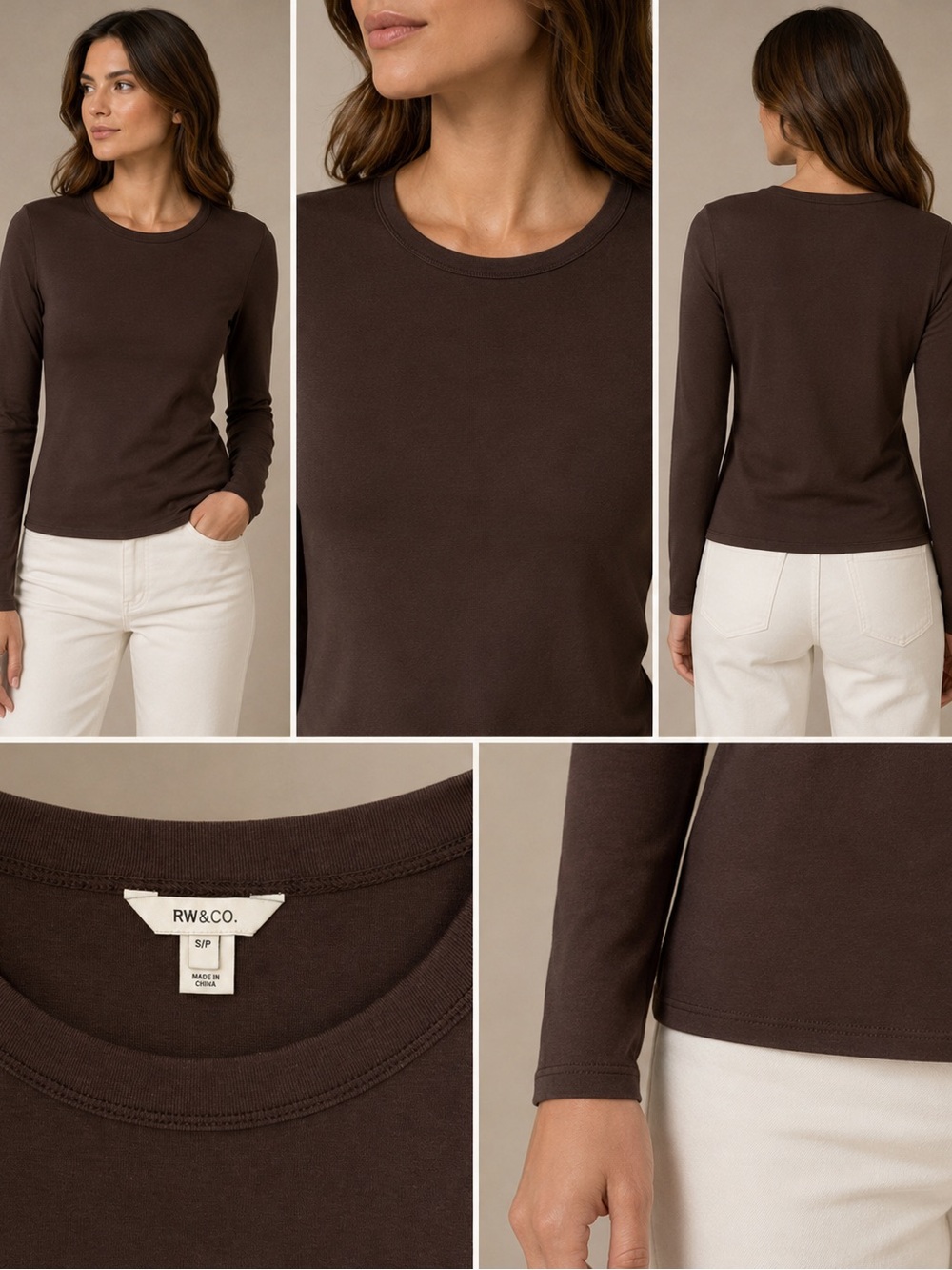 RW&CO - Women's Long-Sleeve Crewneck Top in Chocolate Brown